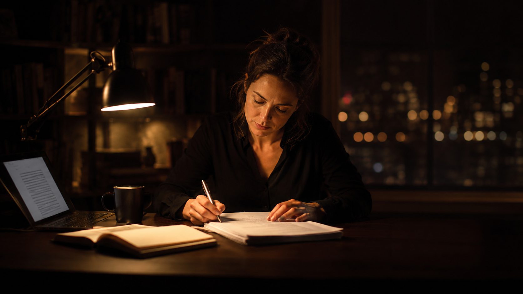 Autorin arbeitet abends im warmen Lampenlicht an einem ausgedruckten Drehbuch