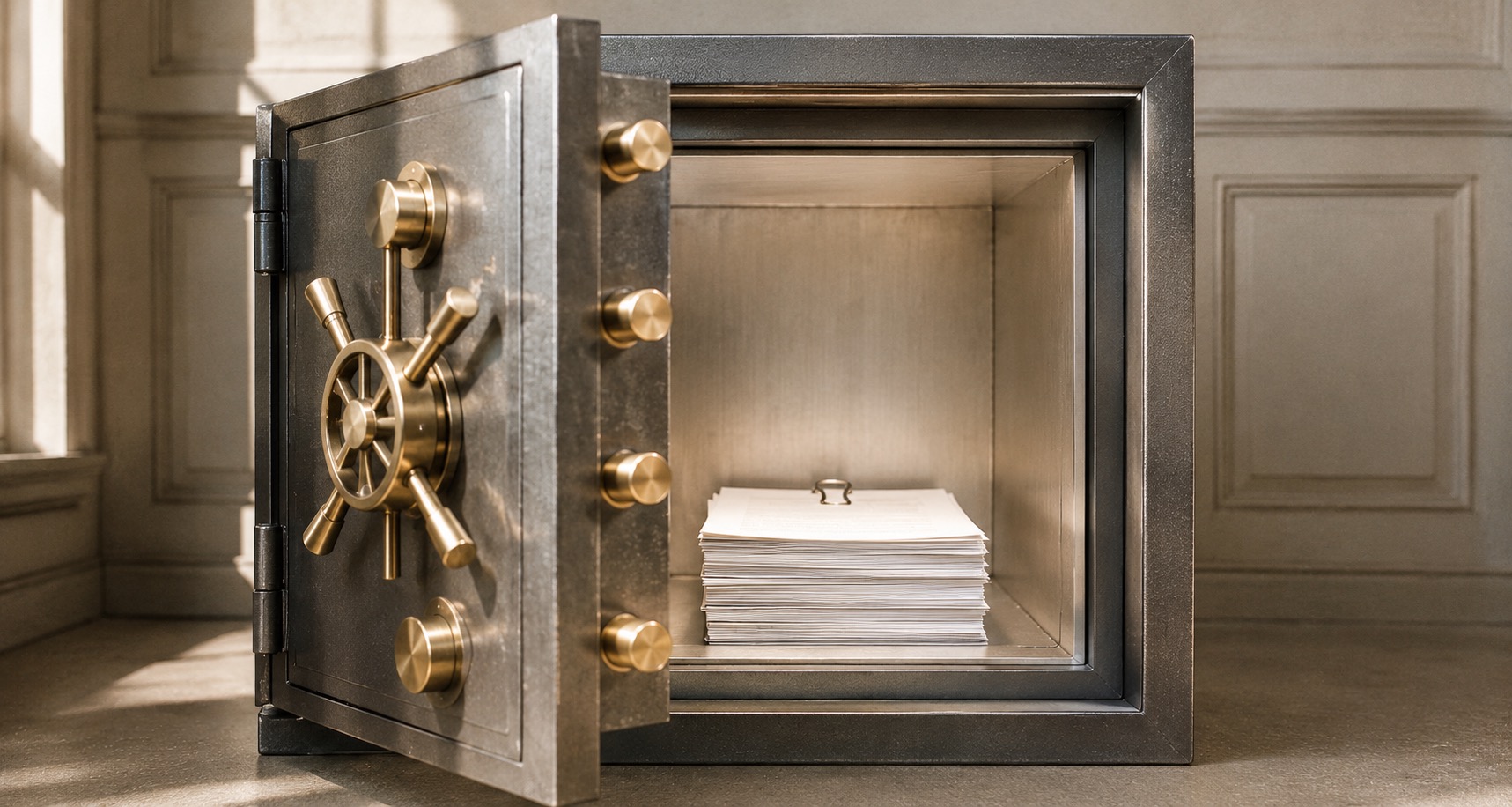 Geöffneter Tresor, in dem ein Drehbuchstapel warm beleuchtet liegt